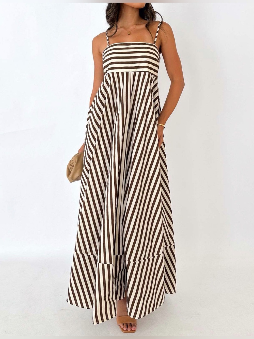 NWT Commense Brown and White Striped Maxi Sundress